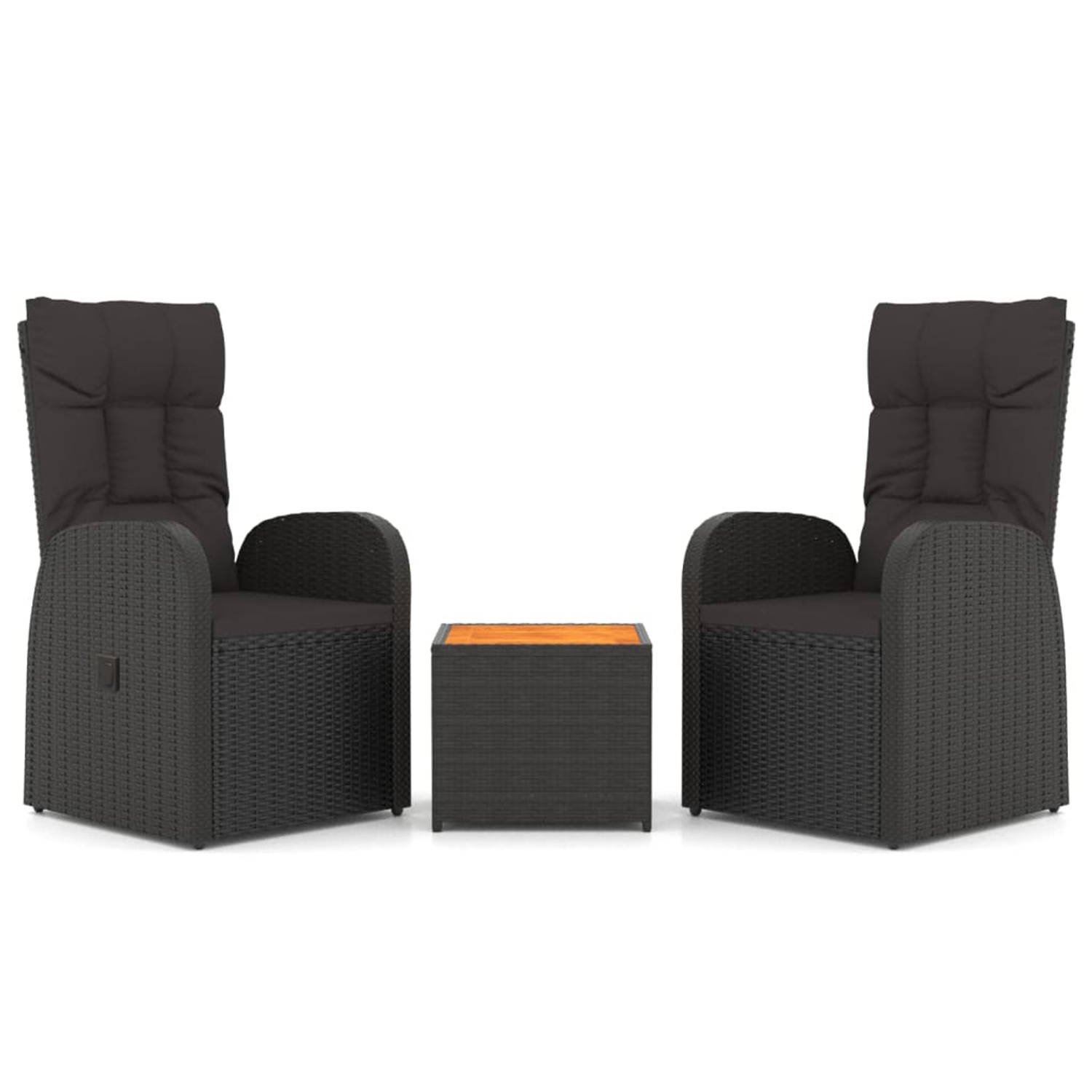 The Living Store 3-delige Loungeset poly rattan en massief acaciahout zwart - Tuinset
