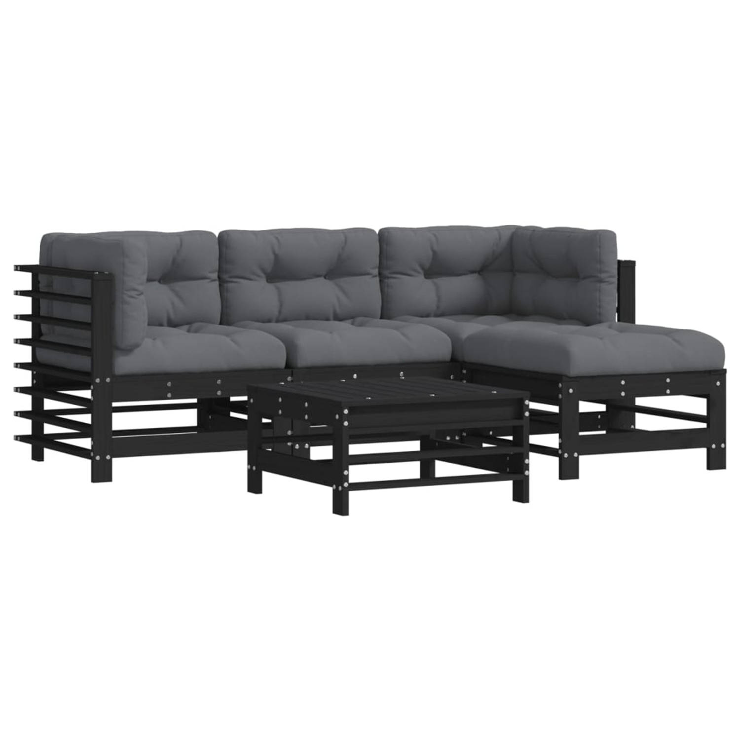 The Living Store loungeset - Hout - Zwart - Modulair ontwerp - Massief grenenhout - Comfortabele kussens - Stevig frame