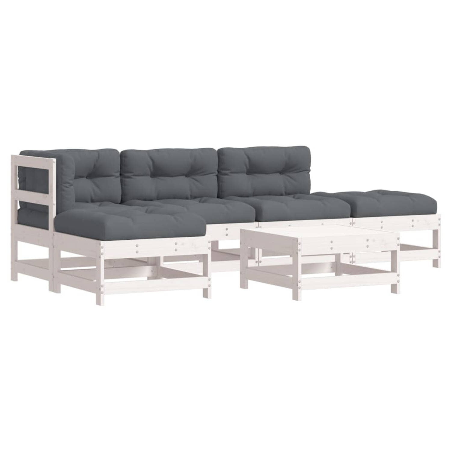 The Living Store Loungeset Grenenhout - Wit - 62 x 62 x 70.5 cm - Modulair - Antraciet kussens