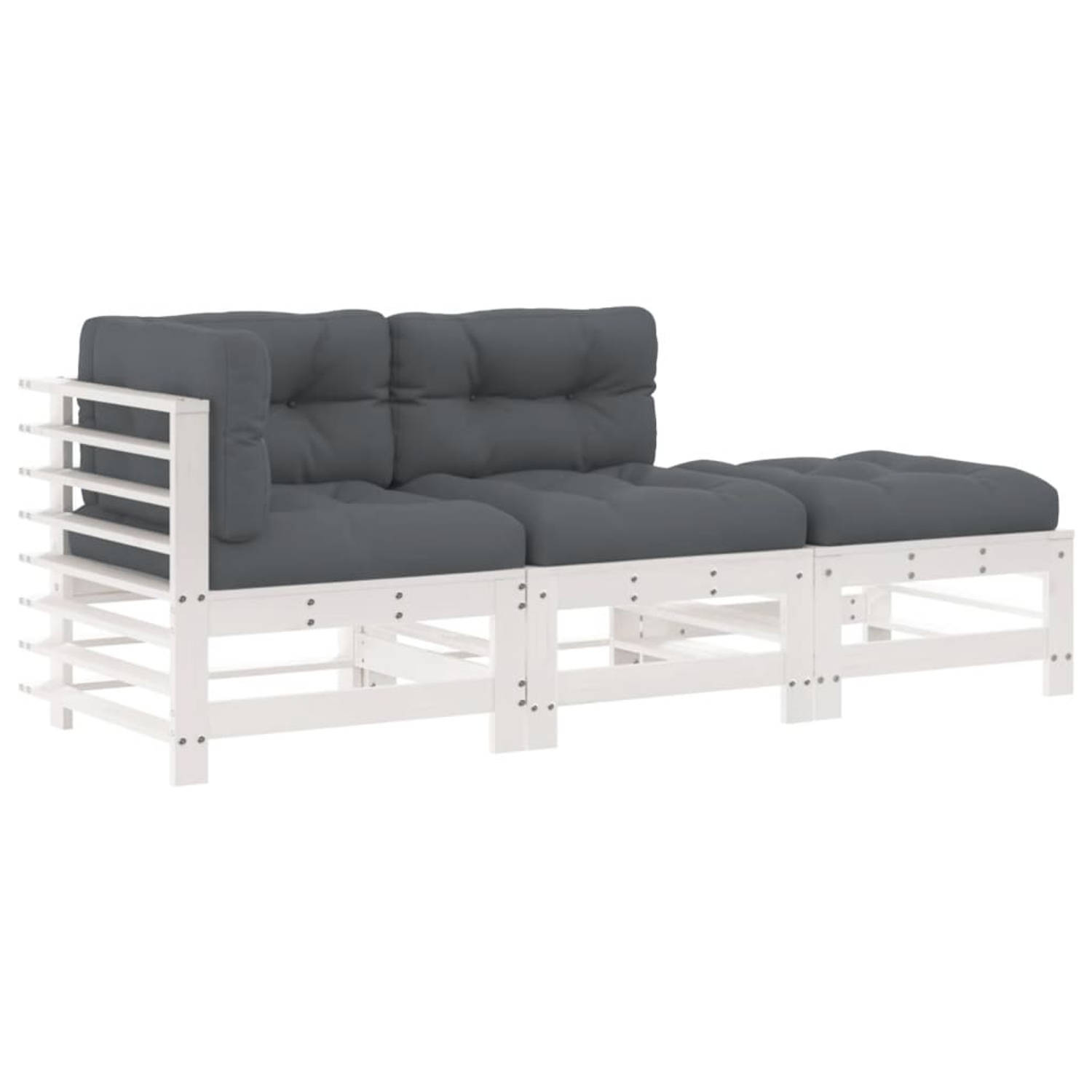 The Living Store Loungeset - Grenenhouten - Wit - Modulair design - Comfortabele kussens - Inclusief banken en tafel