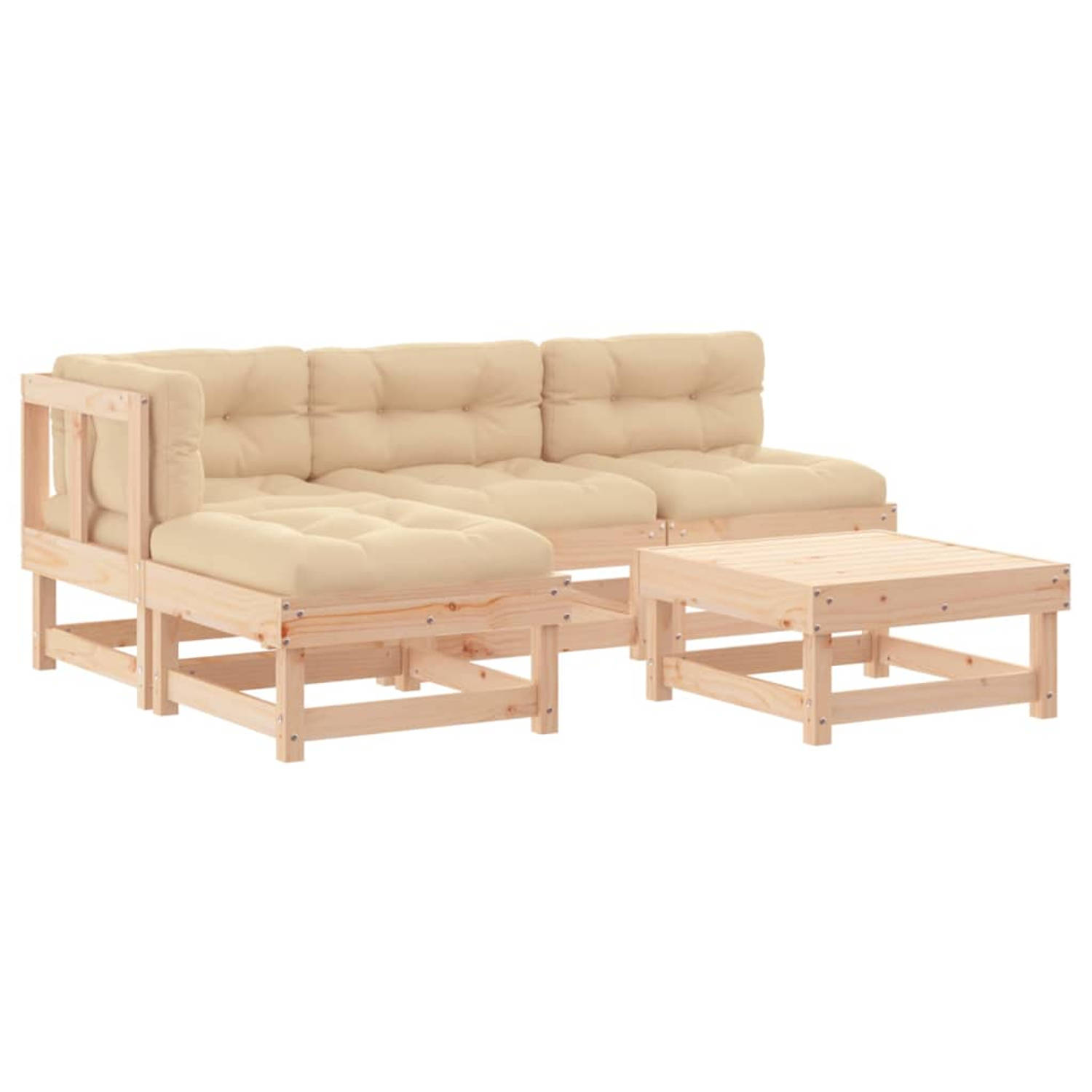 The Living Store Loungeset Grenenhout - Modulair - Beige kussens - Afmetingen- 61x61x62 cm (LxBxH)