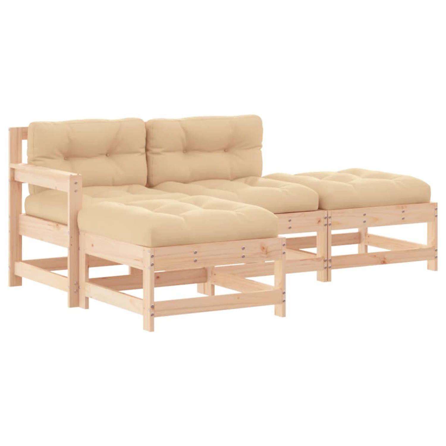 The Living Store Loungeset Tuin - Hout - Grenenhout - Modulair - 110 kg draagvermogen - Beige kussens - 5-delig