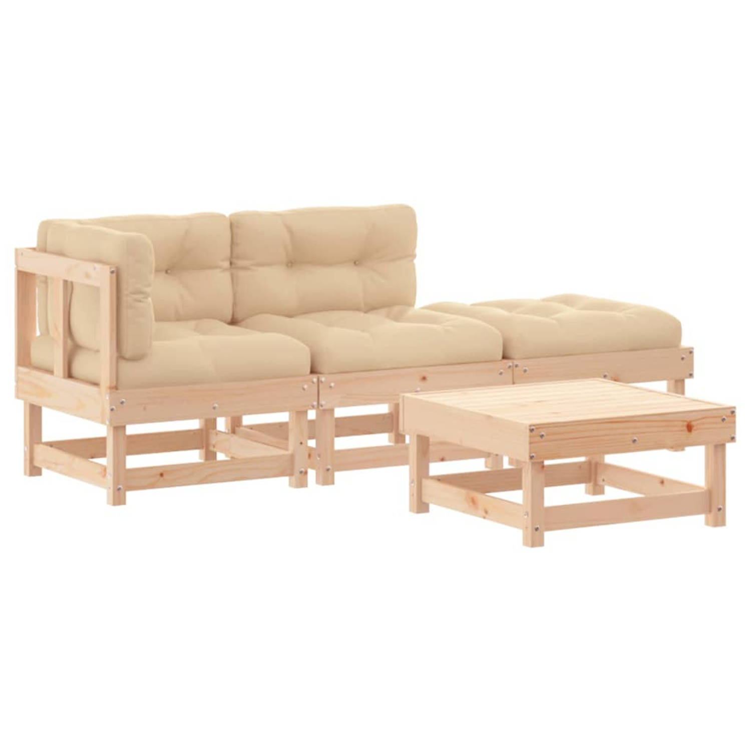 The Living Store Houten Loungeset - Grenenhout - Modulair ontwerp - 61x61x62 cm - Beige Kussens