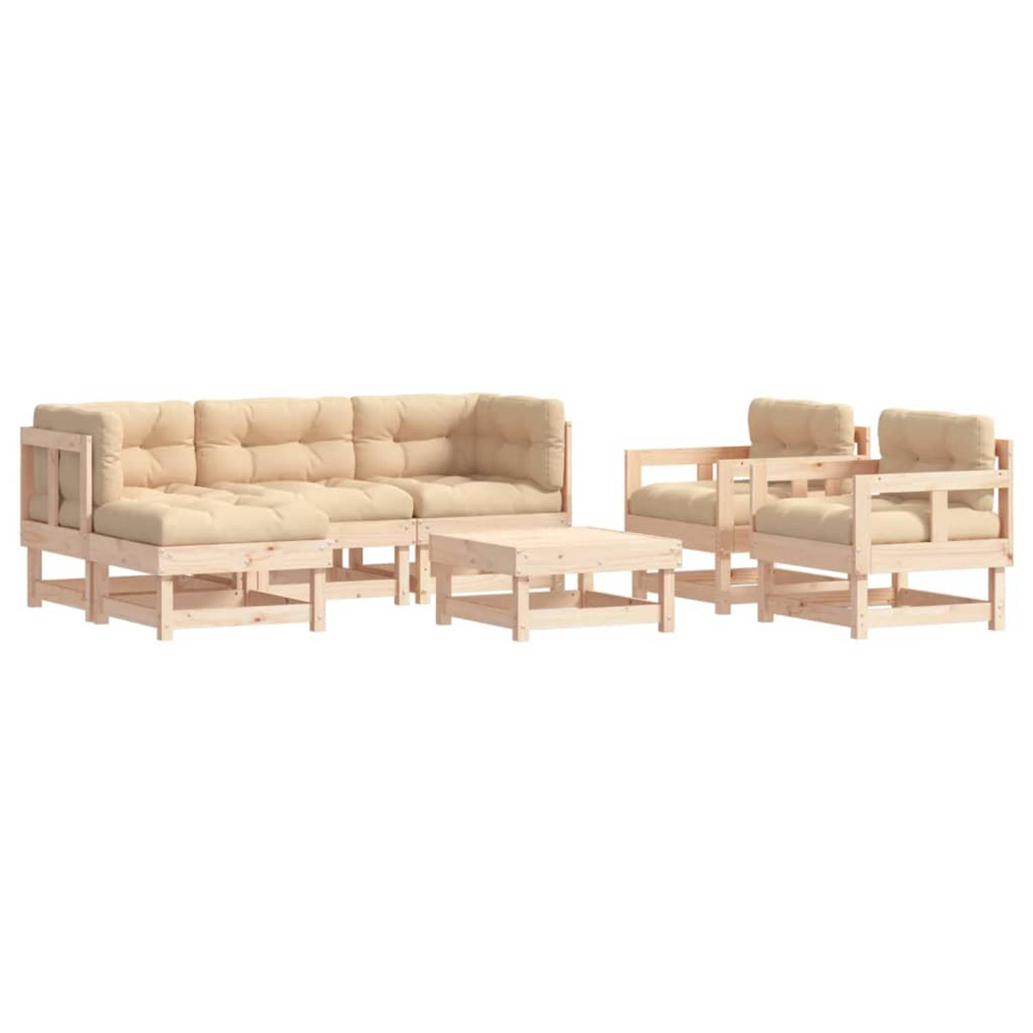 The Living Store Loungeset Grenenhout - Modulair - 61x60.5x62 cm - Beige kussens