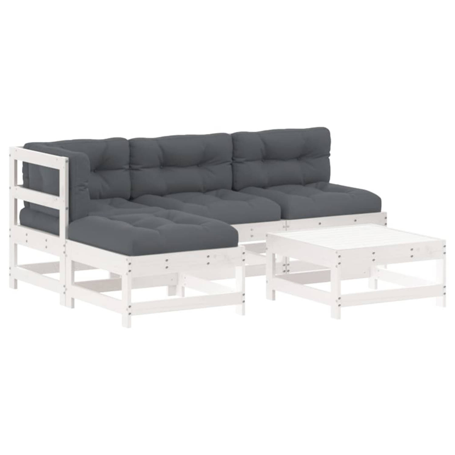 The Living Store Loungeset Grenenhout - Middenbank + Hoekbank + Voetenbank - Wit - 62x62x70.5 cm - Antraciet kussen