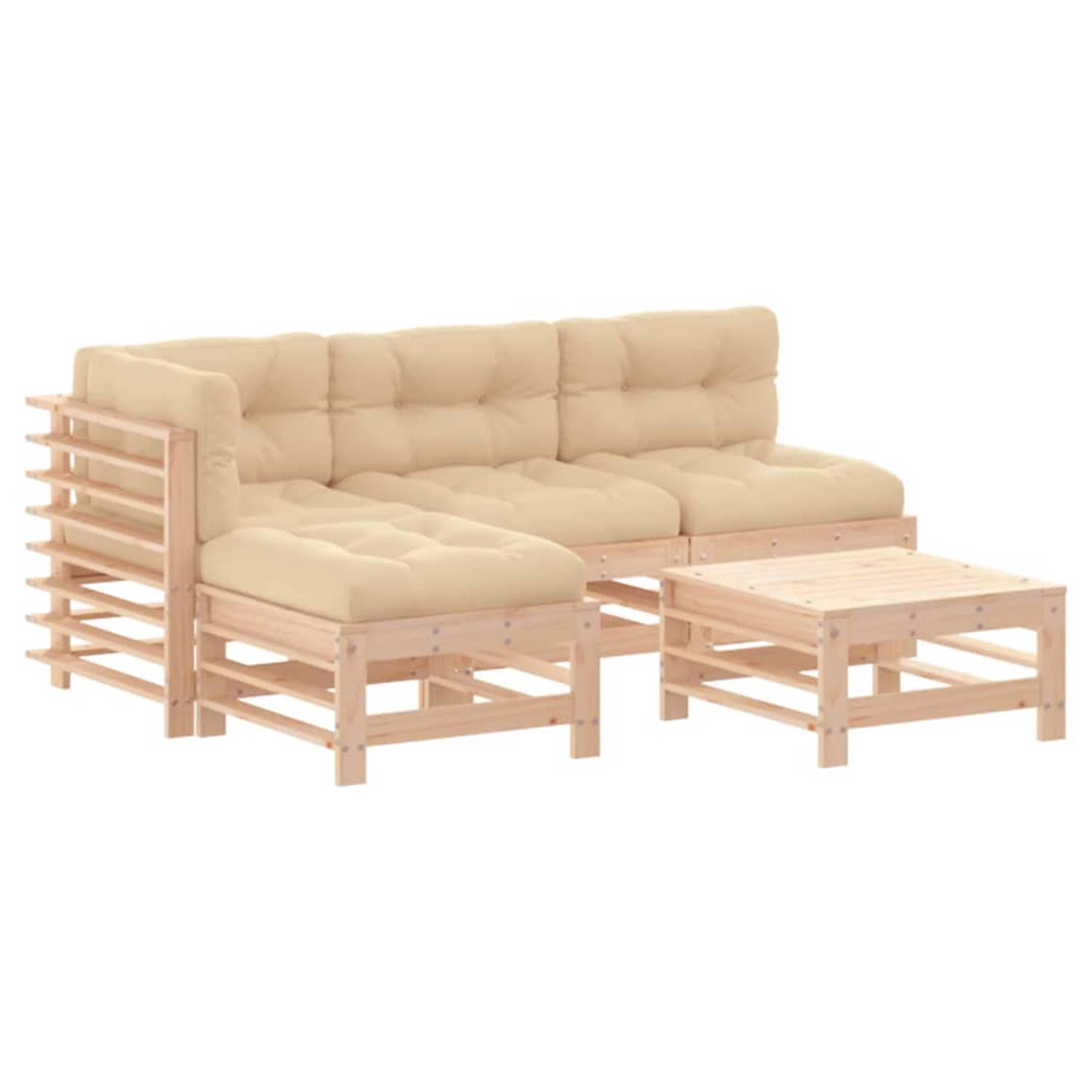 The Living Store Loungeset - Massief Grenenhout - Modulair - Inclusief Kussens - Beige