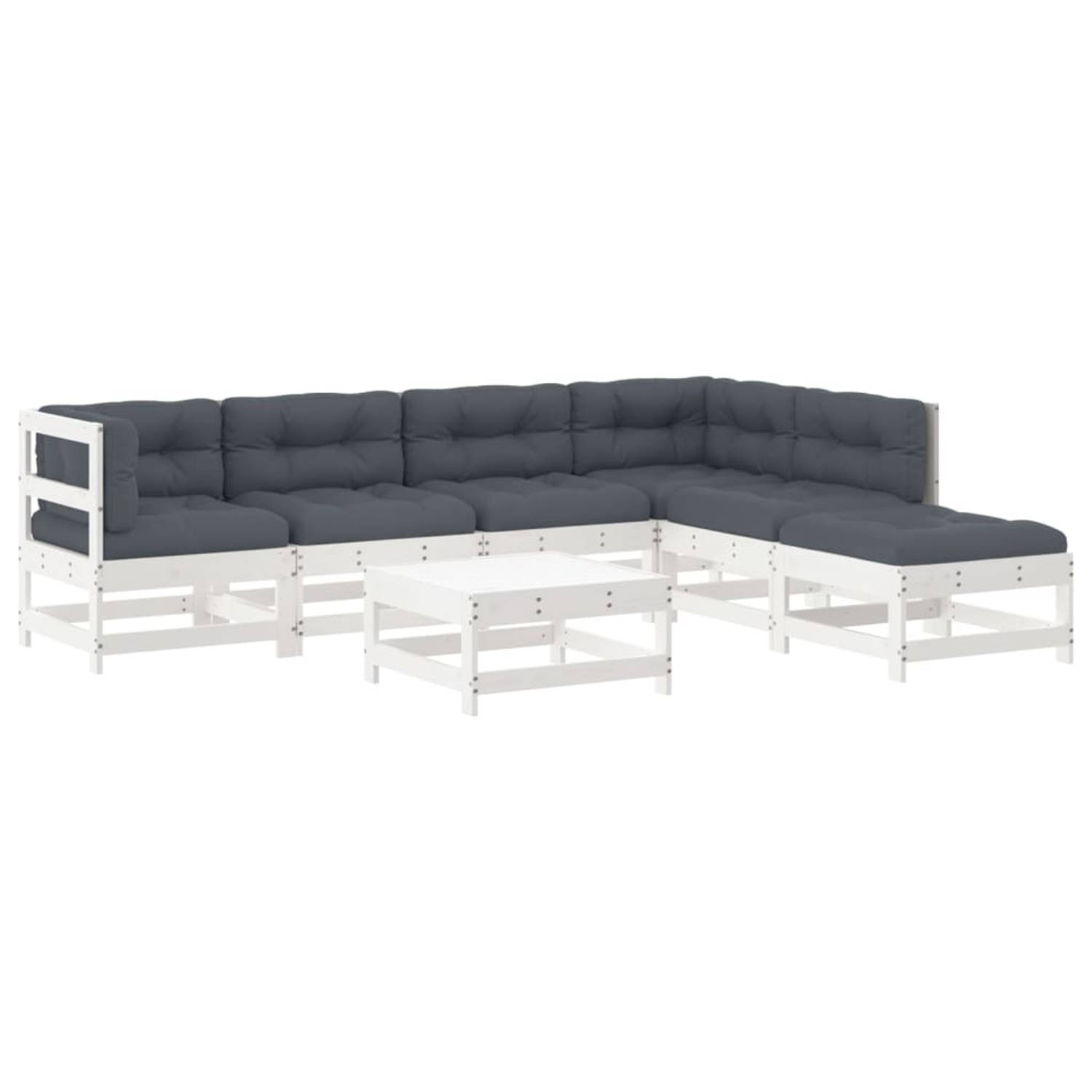 The Living Store Loungeset Grenenhout - Wit - Middenbank 62x62x70.5 cm - Hoekbank 62x62x70.5 cm - Voetenbank/salontafel 62x62x32 cm - 7 zitkussens - 7 rugkussens