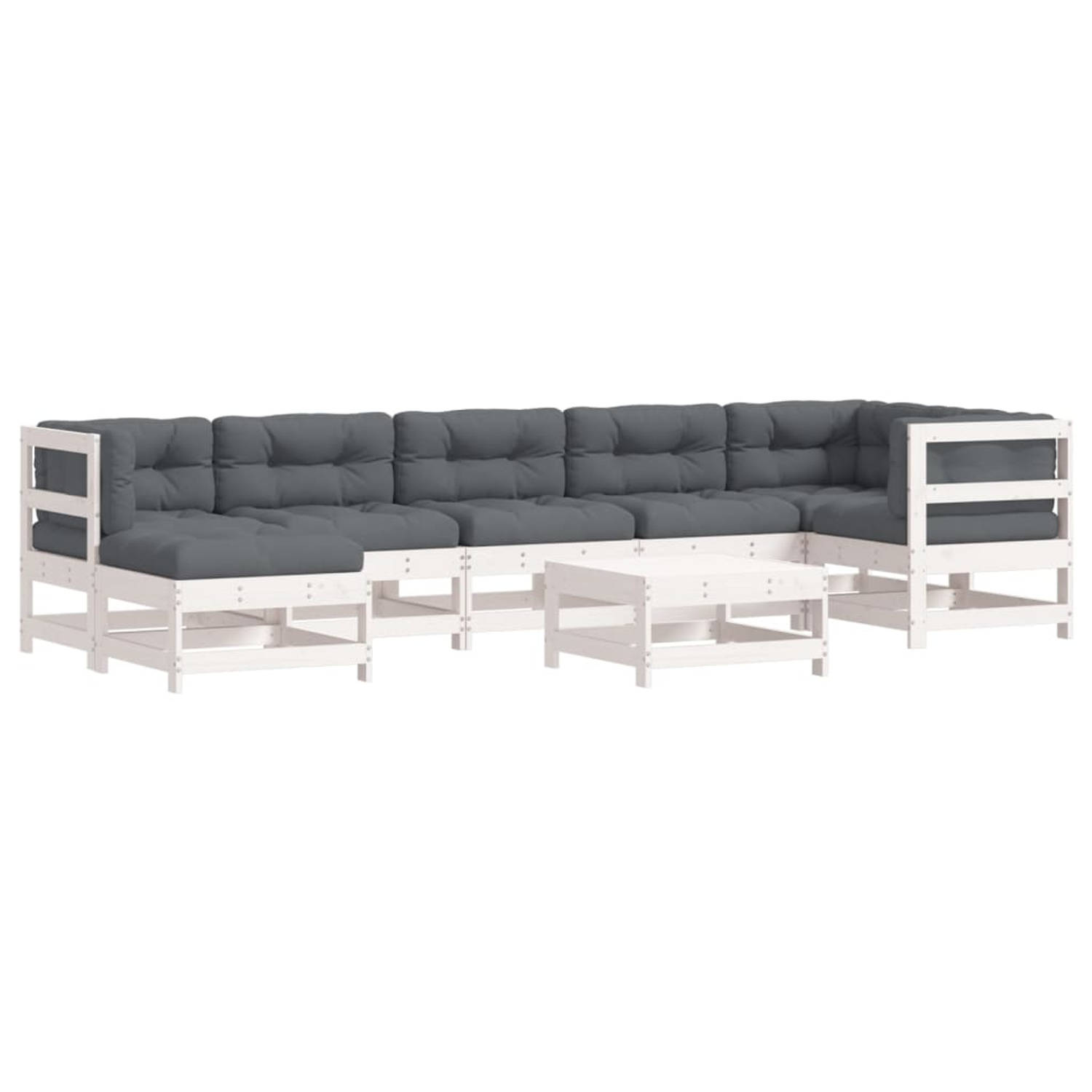 The Living Store Loungeset Massief Grenenhout - Modulair - Wit - 62x62x70.5 cm - Antraciet kussen