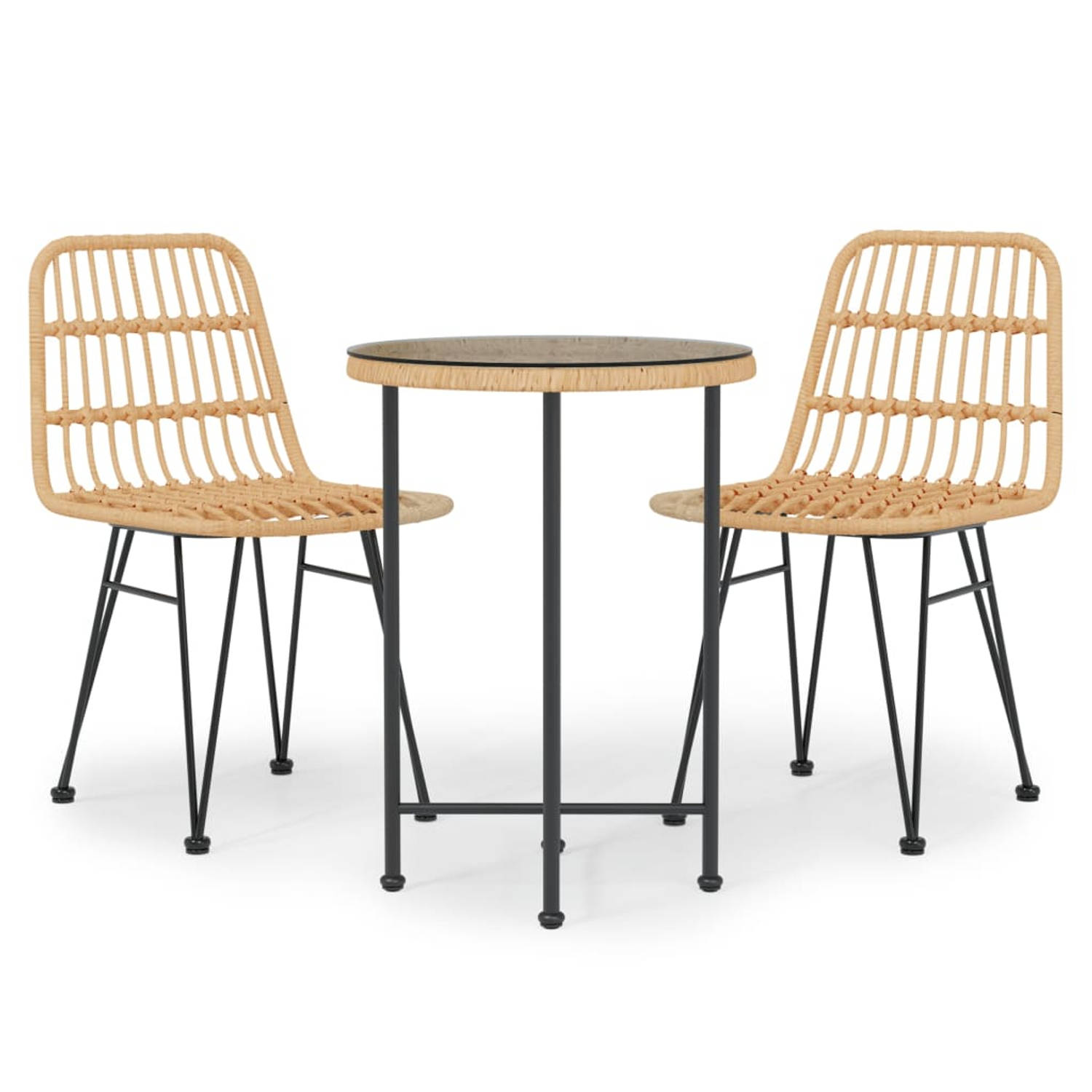 The Living Store Tuinset - PE-rattan - Stalen frame - Gehard glas - Comfortabele zitplaats - Praktische pootdoppen - Inclusief tafel en 2 stoelen
