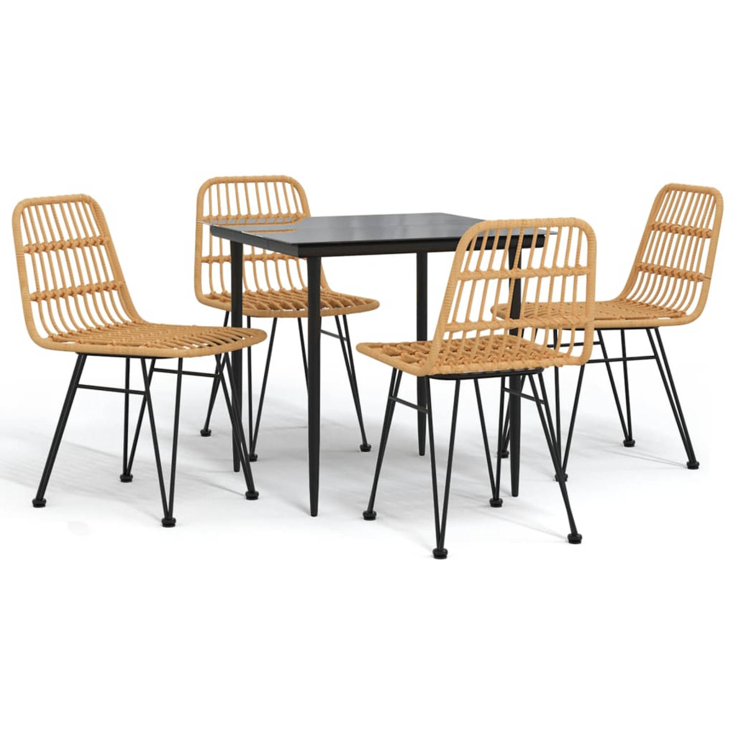 The Living Store Tuinset - PE-rattan - Stalen frame - Gehard glas - Comfortabele zitplaats - Pootdoppen - Zwart - 80x80x74 cm - 48x62x84 cm - 1 tafel 4 stoelen