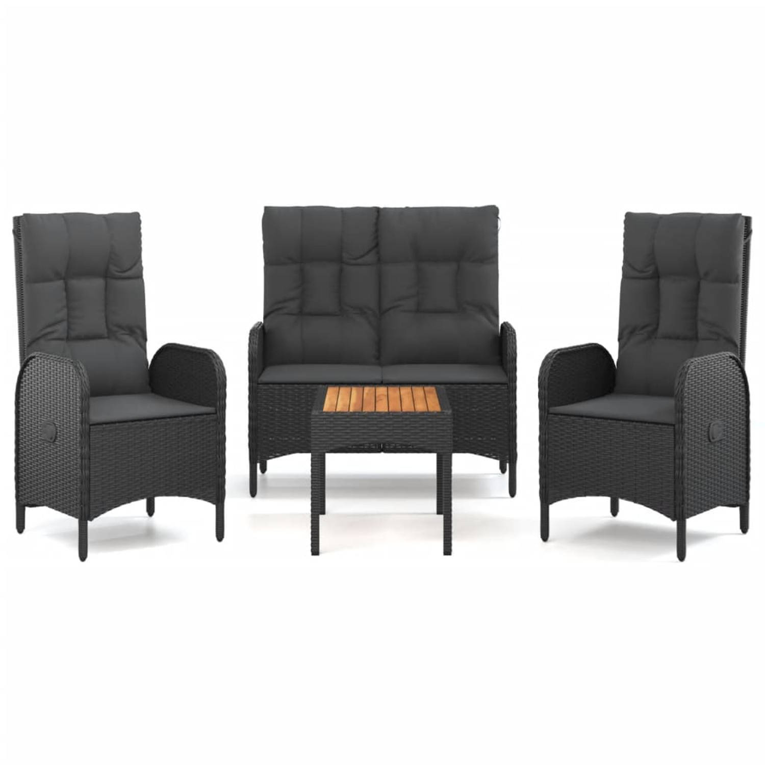 The Living Store Loungeset Black - PE-rattan met stalen frame - verstelbaar - inclusief tafel en kussens