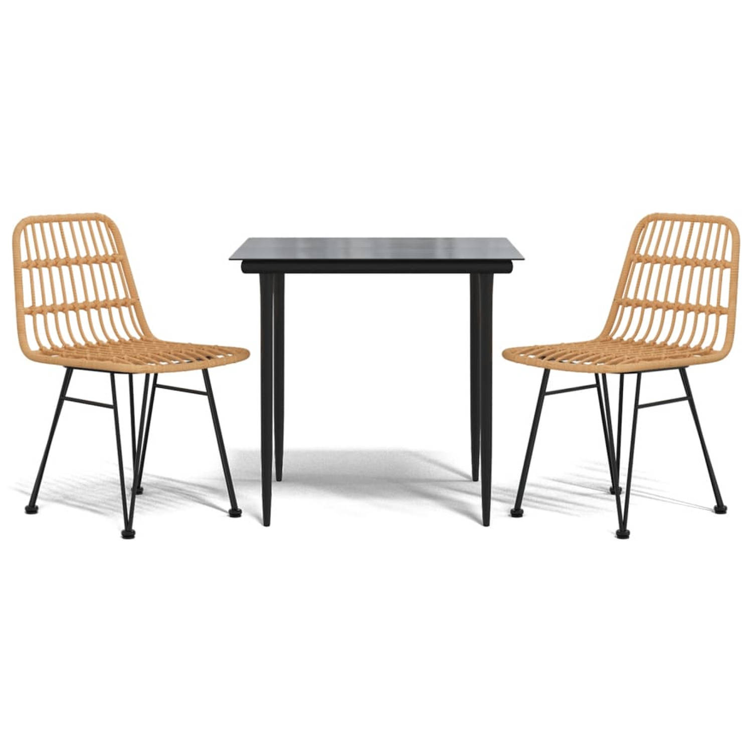 The Living Store Tuinset - PE-rattan - 80 x 80 x 74 cm - Stalen frame - Gehard glas - Comfortabele zitplaats - Pootdoppen - Zwart - Inclusief tafel en 2 stoelen