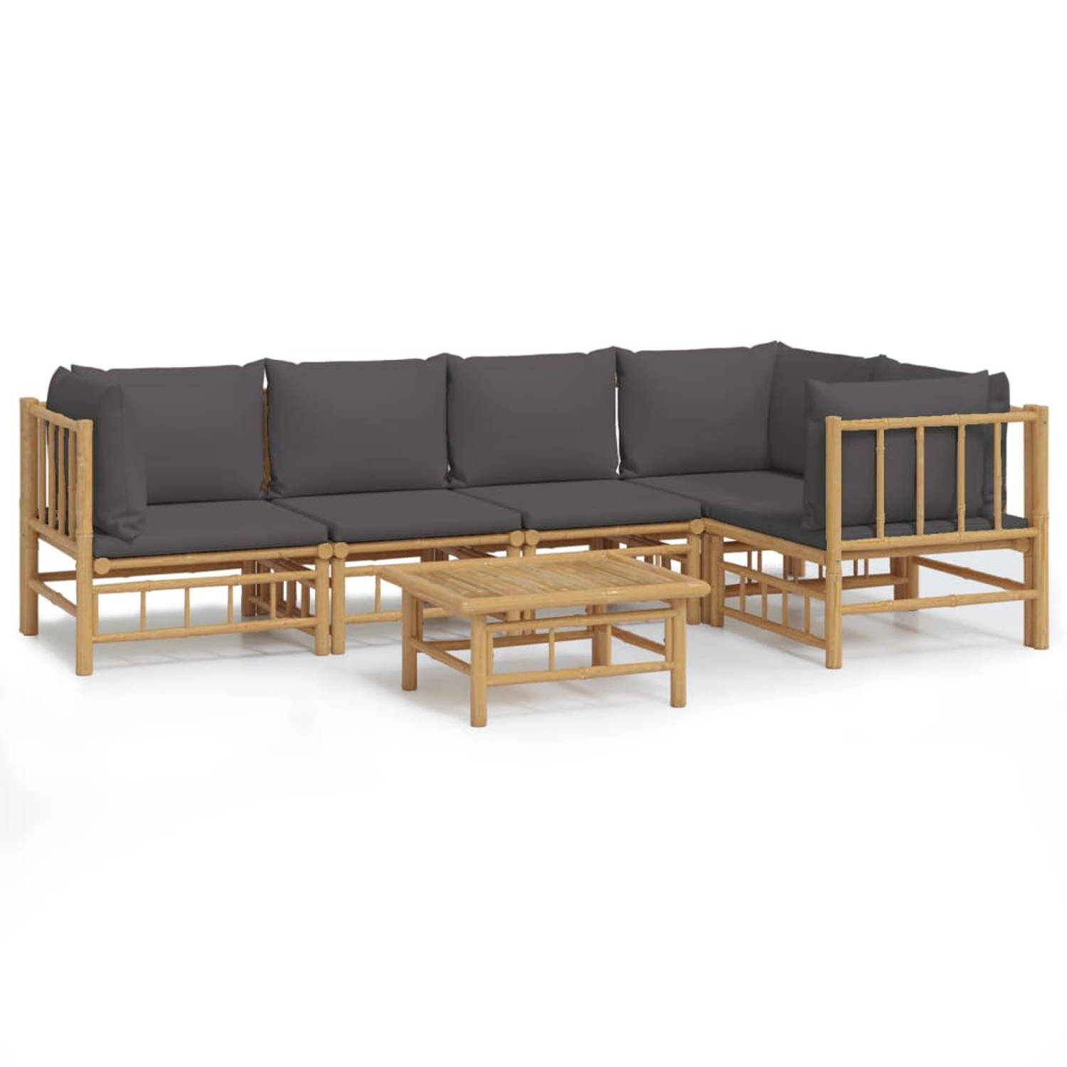 The Living Store Bamboe Lounge set - 2x middenbank - 3x hoekbank - 1x tafel - donkergrijs kussen - 100% polyester - afmeting zitting- 55x65cm