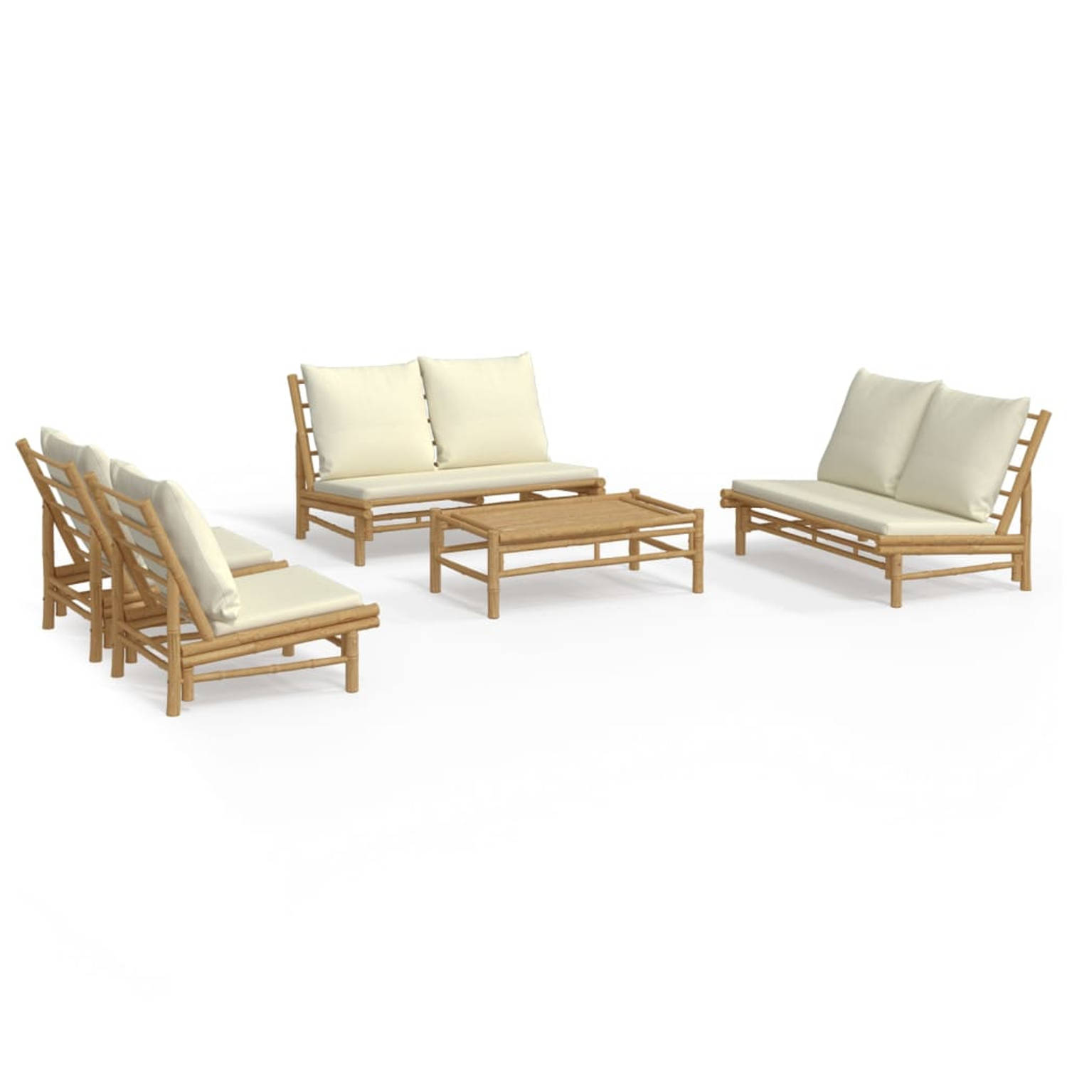 The Living Store Bamboe Lounge Set - Tafel 100x55x33 cm - Bank 115x85.5x73.5 cm - Stoel 60x86x73.5 cm - Crèmewit Kussen - Modulair ontwerp