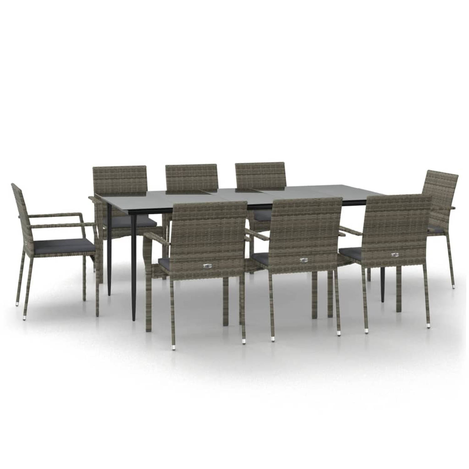 The Living Store Tuinset - PE-rattan - Stalen frame - Gehard glazen tafel - Zwart/grijs - 8 stoelen - Afmetingen 200x100x74 cm
