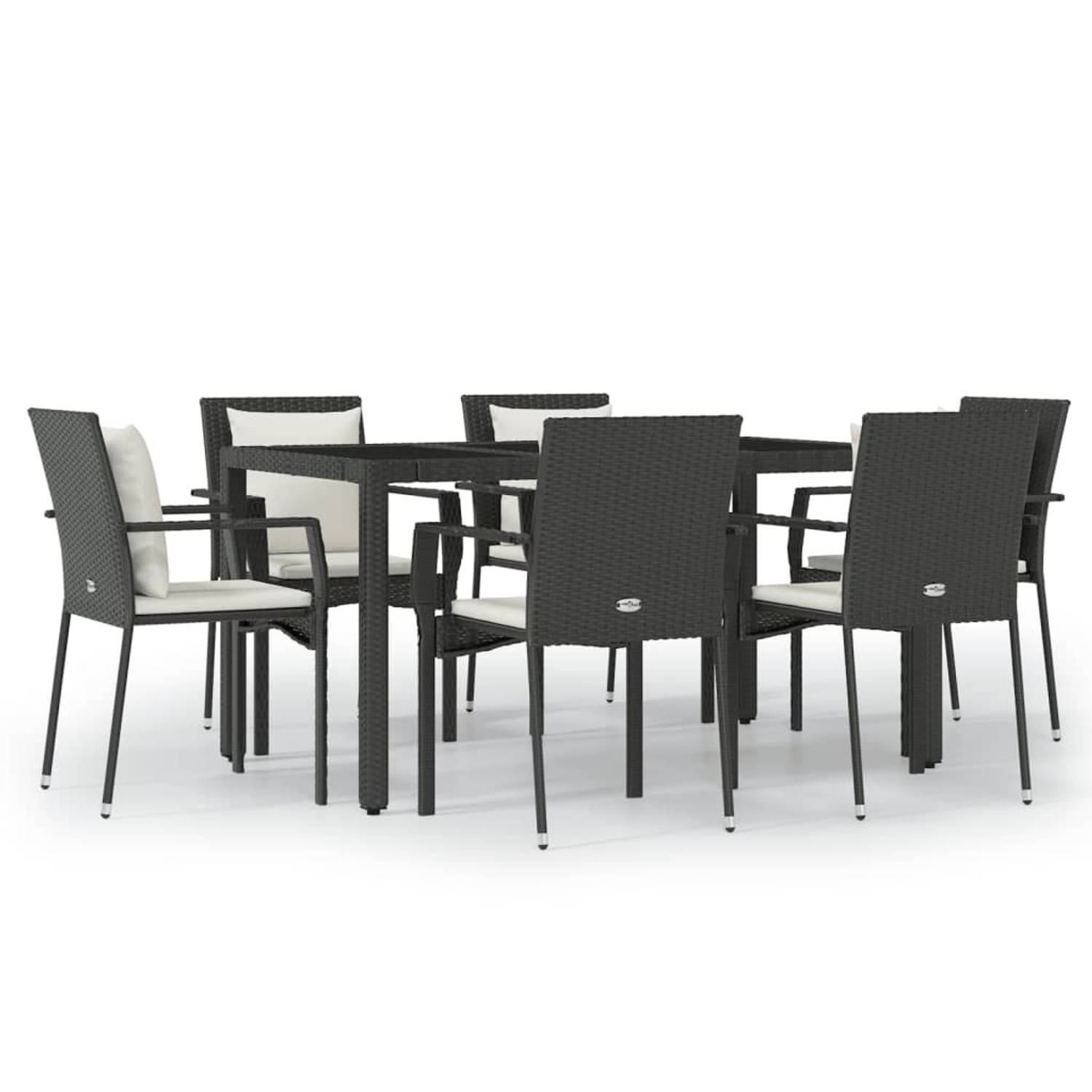 The Living Store Tuinset - Moderne zwart PE-rattan tuinstoelset - Inclusief 6 stoelen - tafel en kussens - 150 x 90 x 75 cm - Weerbestendig