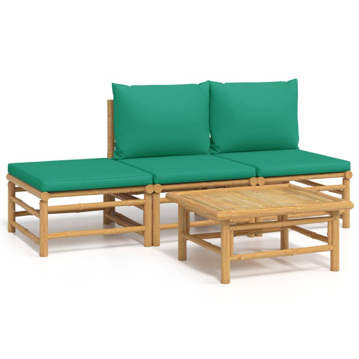 The Living Store Loungeset - Bamboe - 2x middenbank - 1x voetenbank - 1x tafel - Groene kussens