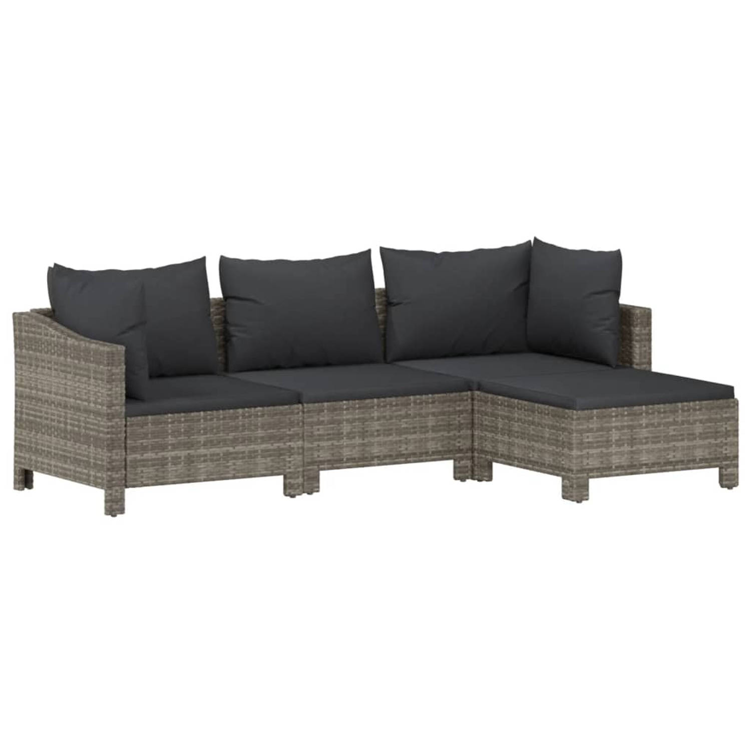 The Living Store 4-delige Loungeset met kussens poly rattan grijs - Tuinset