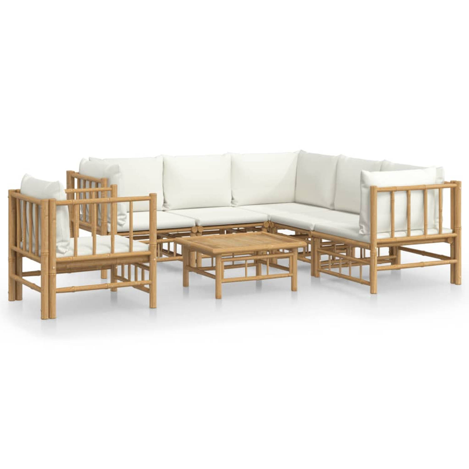 The Living Store 7-delige Loungeset met kussens bamboe crèmewit - Tuinset