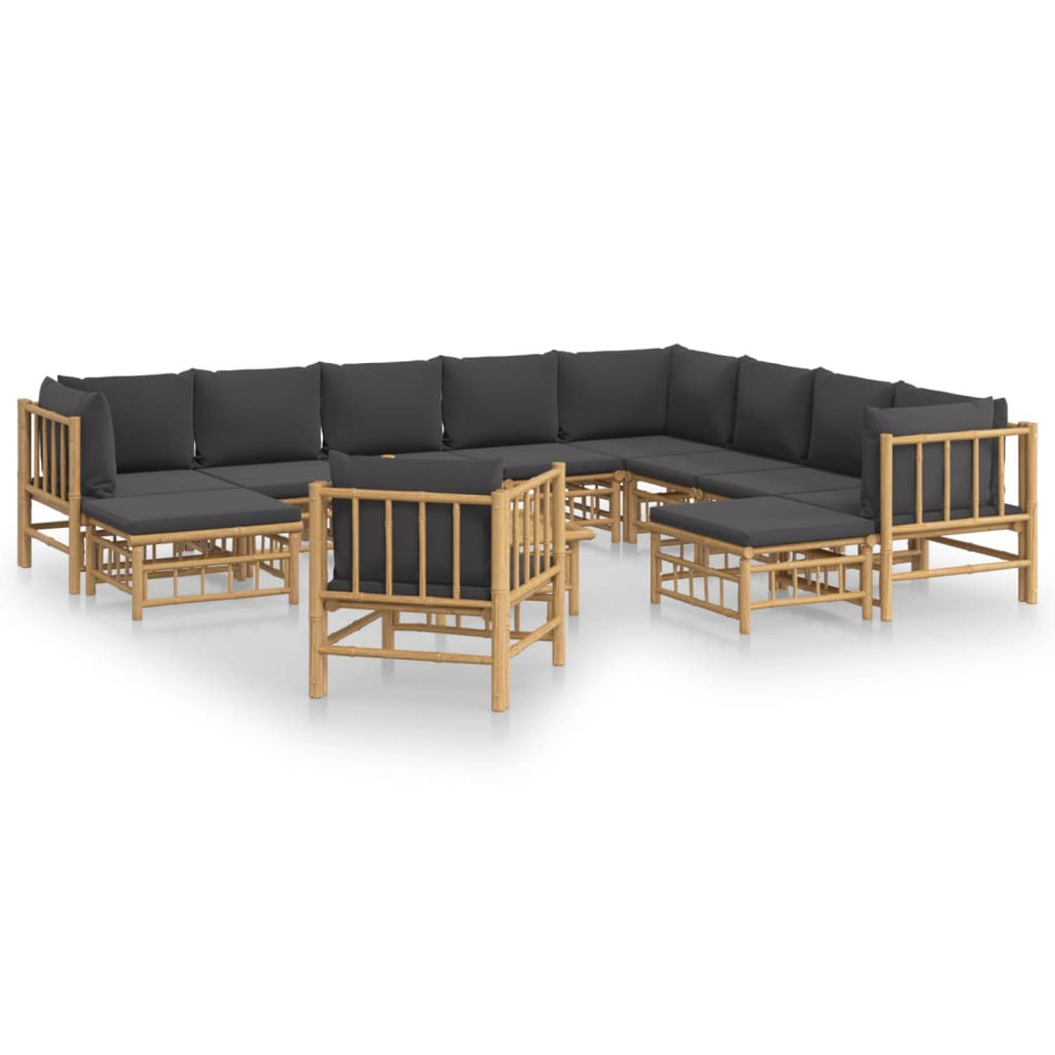 The Living Store Tuinset Bamboe - Modulaire lounge set - Inclusief kussens - 5x middenbank - 3x hoekbank - 2x voetenbank - 1x stoel - 1x tafel