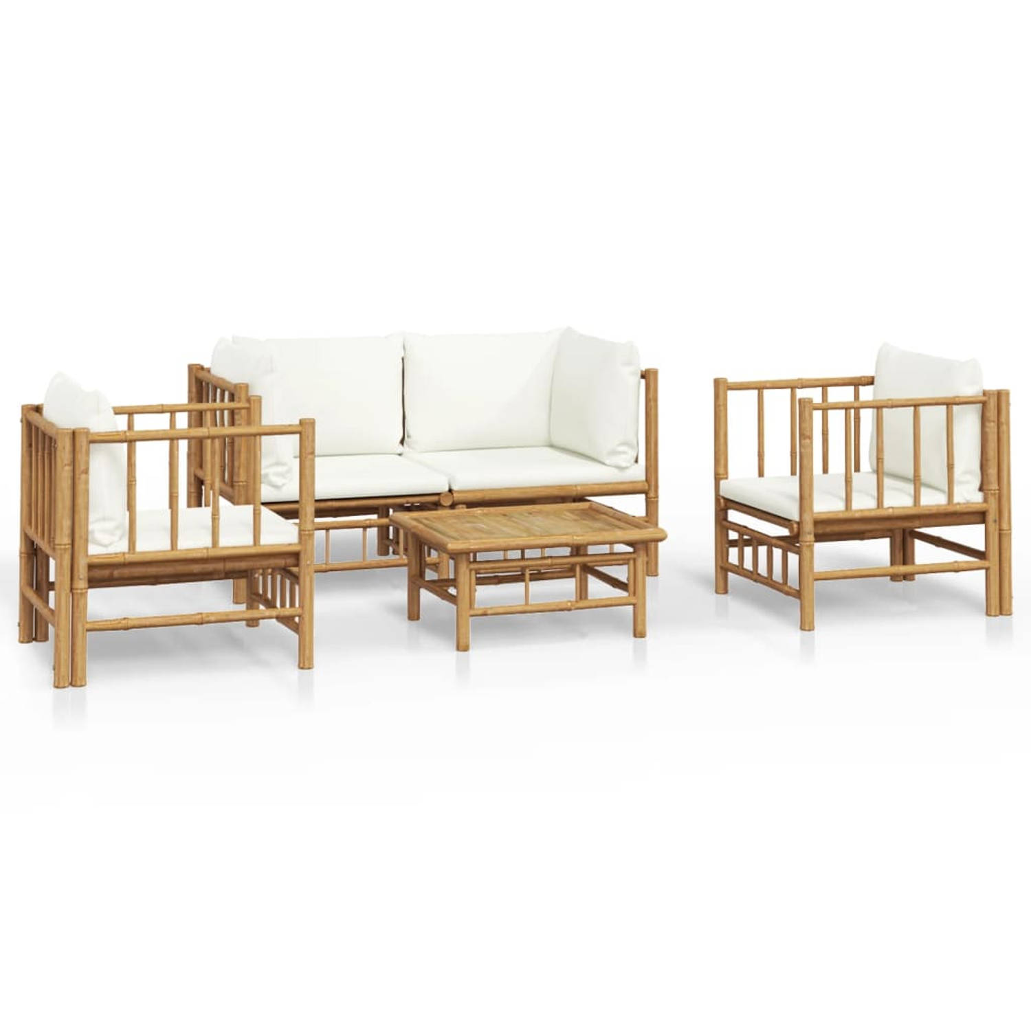 The Living Store 5-delige Loungeset met kussens bamboe crèmewit - Tuinset