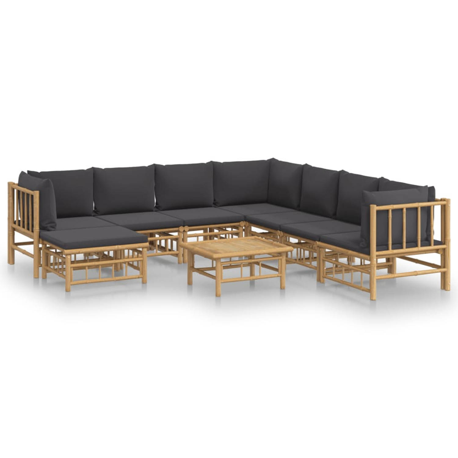 The Living Store Bamboe Loungeset - Modulair - Inclusief 4x middenbank - 3x hoekbank - 1x voetenbank - 1x tafel - Donkergrijs kussen - 150x65x30 cm