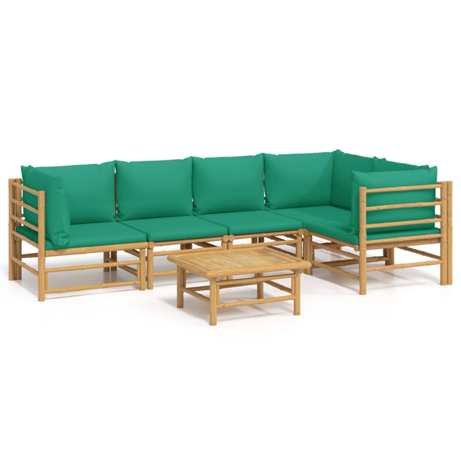 The Living Store Bamboe Loungeset - Middenbank - Hoekbank - Tafel - Groen kussen - Duurzaam materiaal