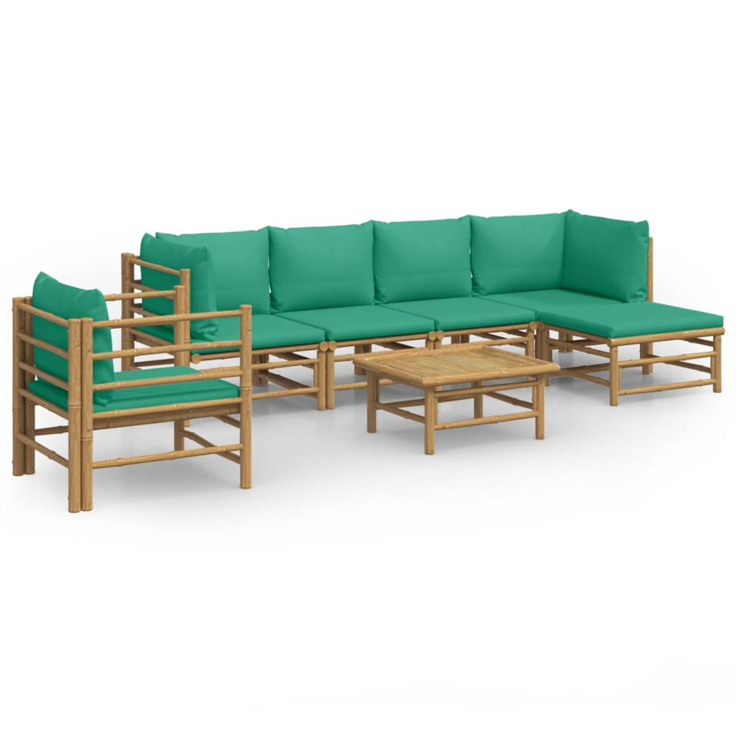 The Living Store Bamboe Tuinset - Lounge - 7-delig - Groen kussen - 150x65x65 cm