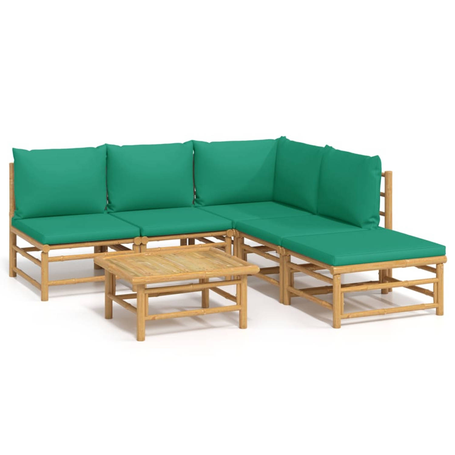 The Living Store Bamboe Loungeset - Middenbanken - Hoekbank - Voetenbank - Tafel - Groene Kussens - 150x65x30cm