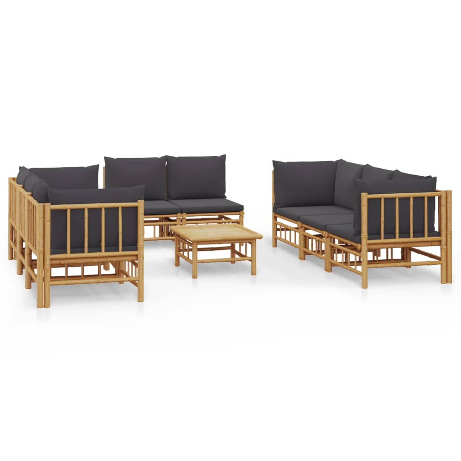 The Living Store Loungeset Bamboe - 8-delige modulaire tuinset - Comfortabele zitervaring - Praktische tafel - 55x69x65 cm - Donkergrijs kussen - The Living Store