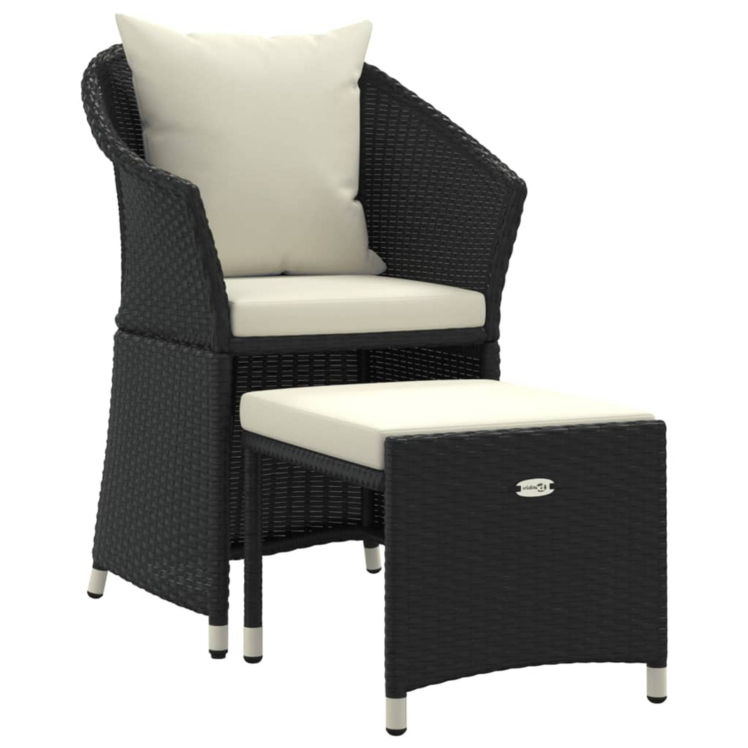 The Living Store Loungeset - PE-rattan en staal - Volledig geweven - Zwart - wit - Inclusief kussens - 1x stoel - 1x voetenbank