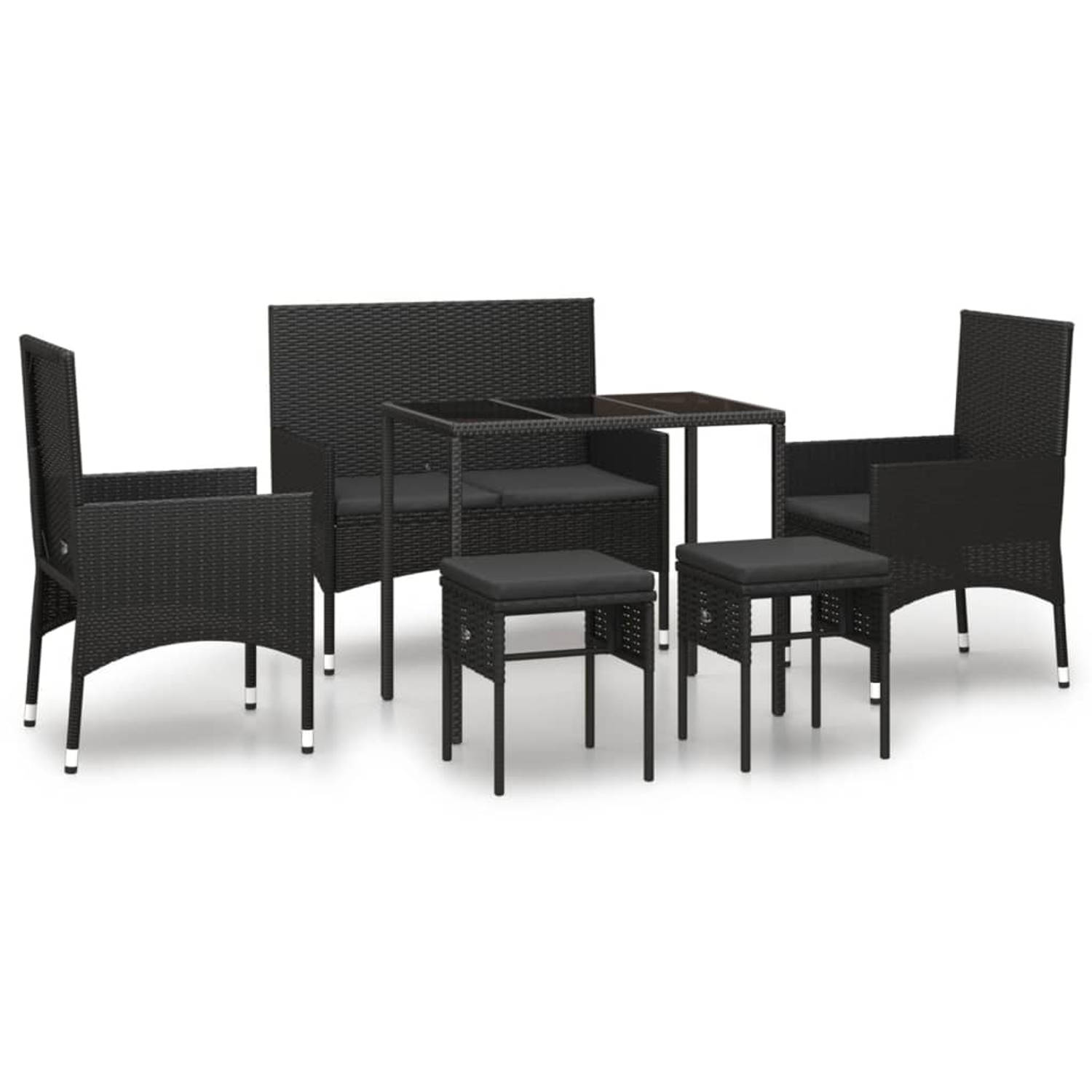 The Living Store loungeset - poly rattan - zwart - 2 stoelen - 2 voetenbanken - 1 bankje - 1 tafel - incl - 6 zitkussens