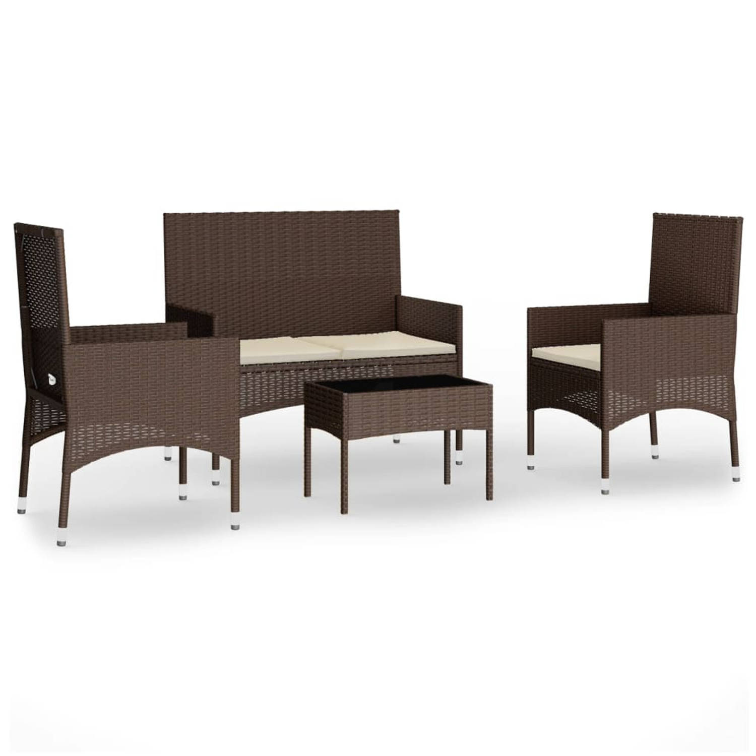The Living Store Loungeset - PE-rattan - bruin - tafel- 50x30x35cm - stoel- 45x51x85cm - 2-zitsbank- 90x51x85cm - kussen- crèmewit - set van 2 stoelen - 1 tweezitsbank - 1 tafel -