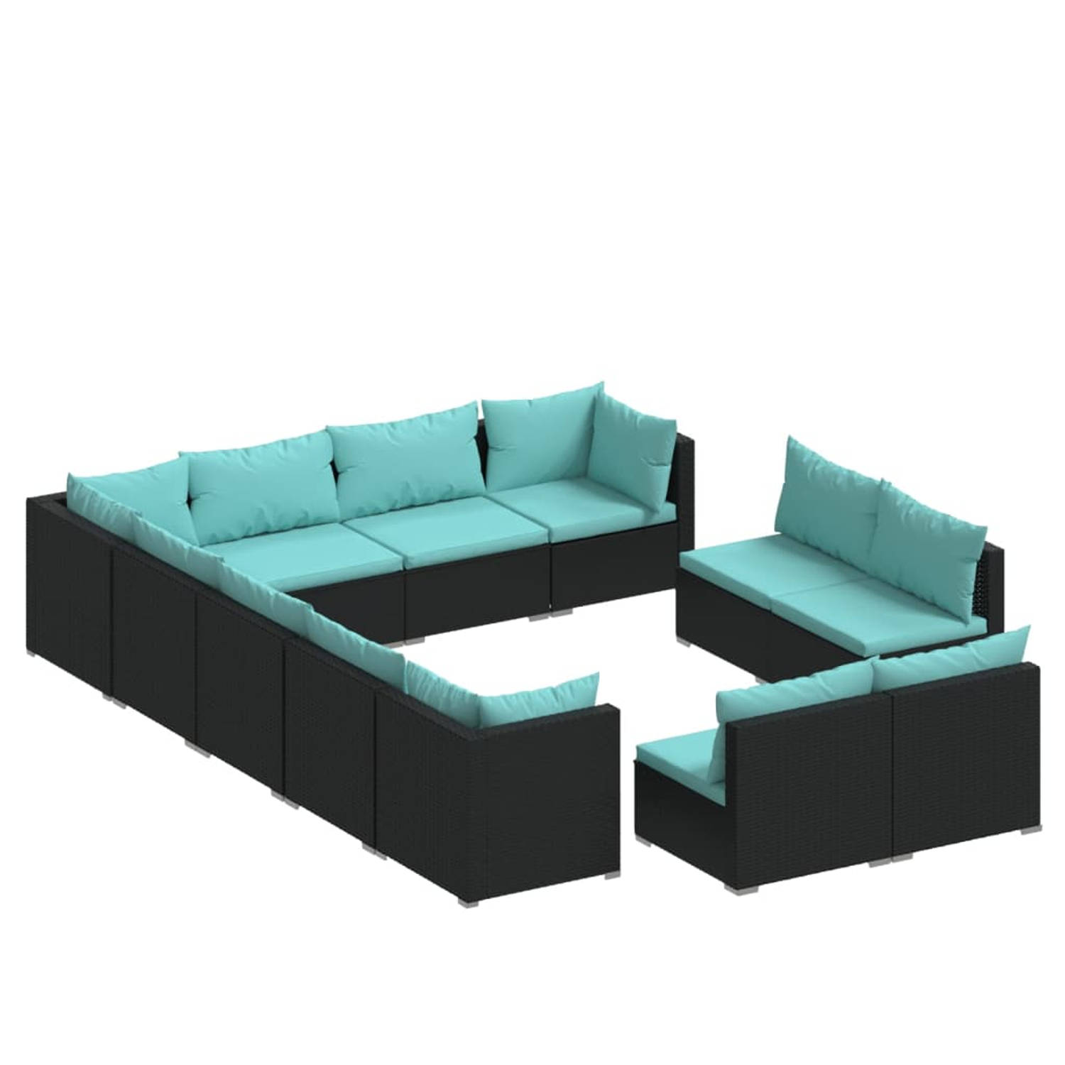 The Living Store Poly Rattan Loungeset - 12-delig - Zwart - Waterblauw - Hoogwaardig materiaal - Stevig frame - Comfortabel zitten