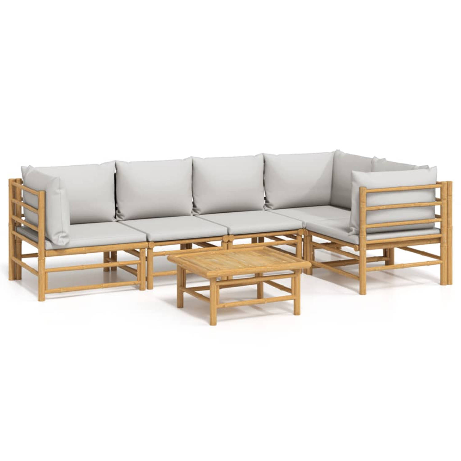 The Living Store Loungeset - Bamboe - Modulair ontwerp - 2 middenbanken - 3 hoekbanken - 1 tafel - Lichtgrijze zit- en rugkussens - 150x120 cm