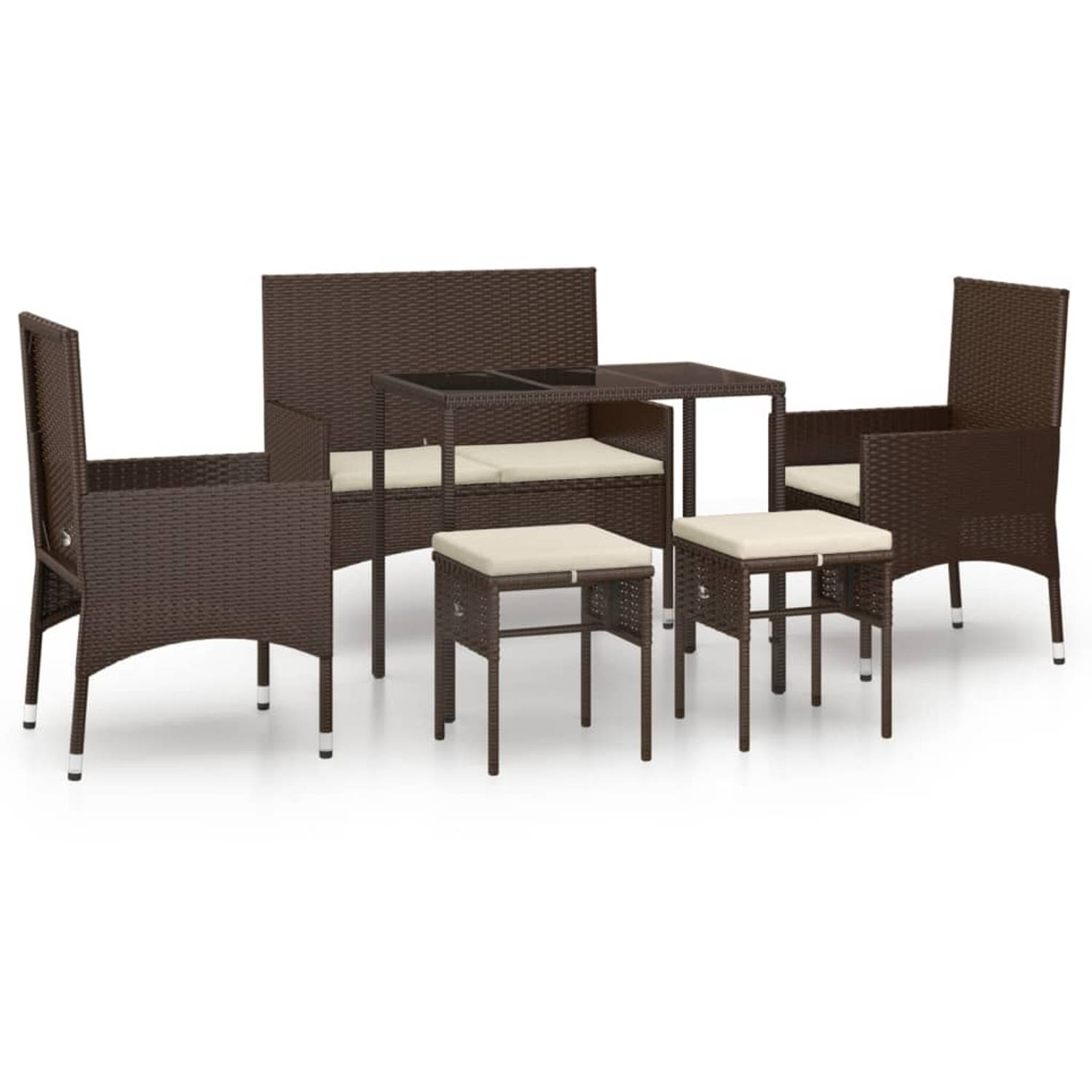 The Living Store Loungeset Bruin 4-delig - 2 Stoelen 2 Voetenbank Bankje Tafel Zitkussens - PE-rattan