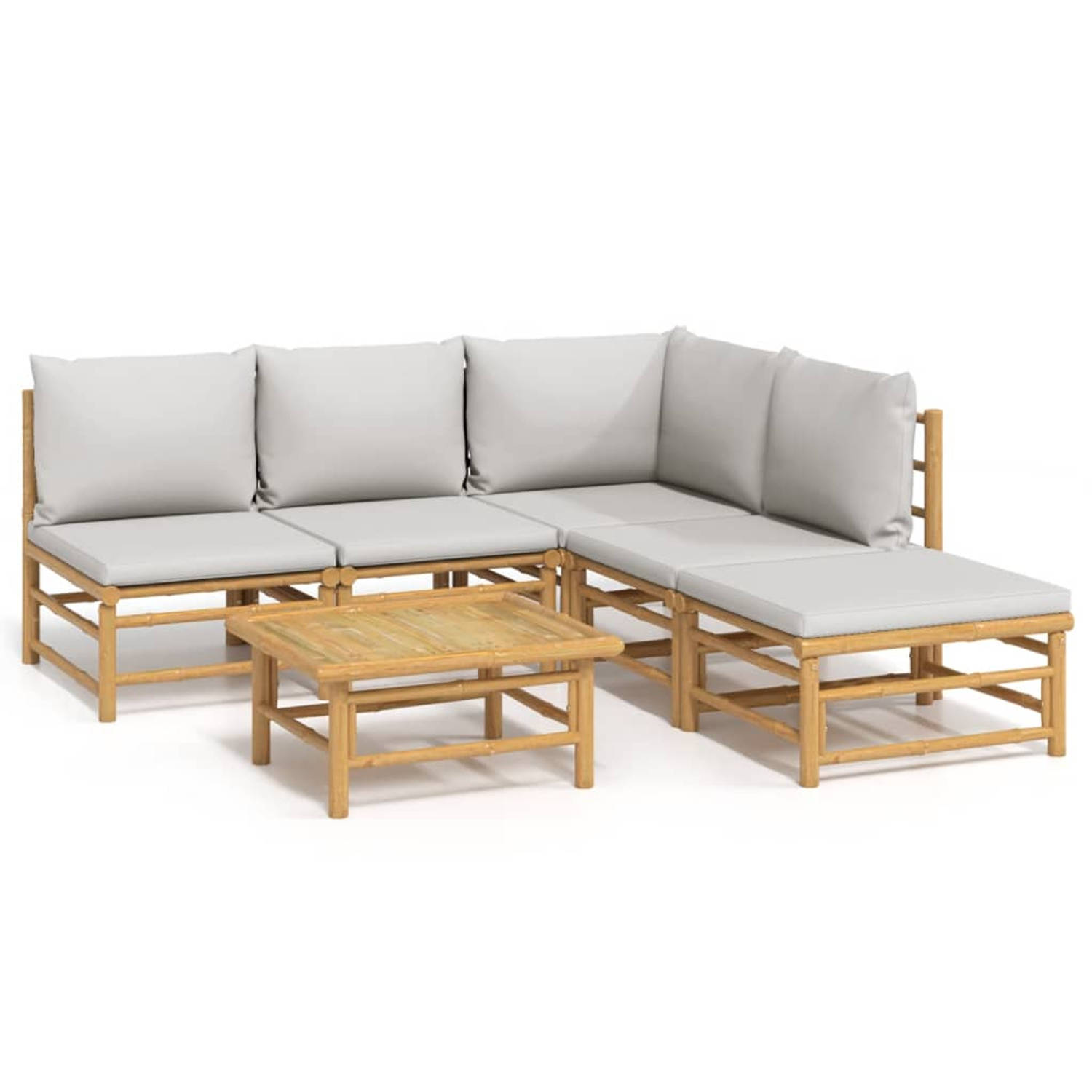 The Living Store Bamboe Loungeset - 3 delig - inclusief tafel - Lichtgrijs kussen - 100% polyester - Afmetingen- 55 x 69 x 30 cm
