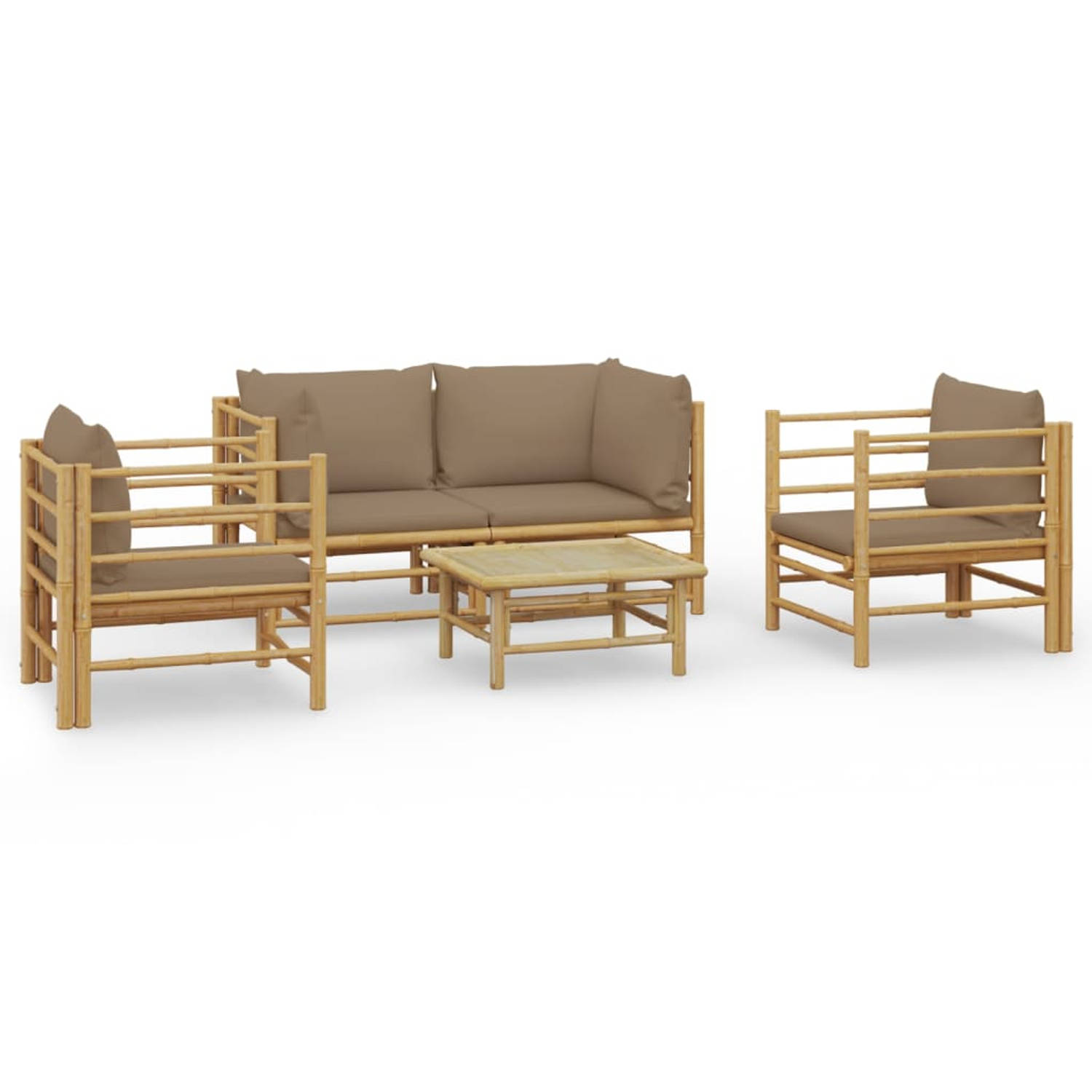 The Living Store Bamboe Loungeset - 2 Hoekbanken - 2 Stoelen - 1 Tafel - Comfortabele tuinmeubelen met zitkussens en