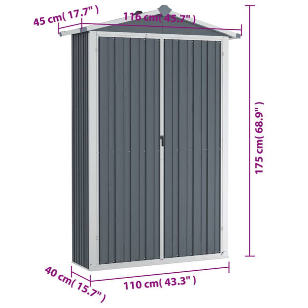 vidaXL Tuinschuur 116x45x175 cm gegalvaniseerd staal grijs