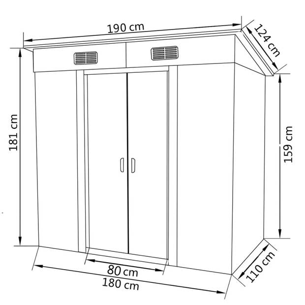 The Living Store Metalen Berging - The Living Store - Opslagschuur - Afmeting- 190 x 124 x 181 cm - Gegalvaniseerd