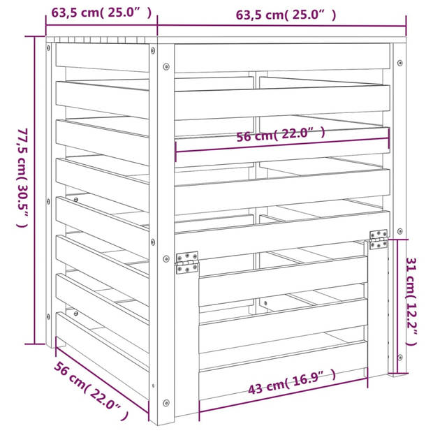 vidaXL Compostbak 63,5x63,5x77,5 cm massief grenenhout