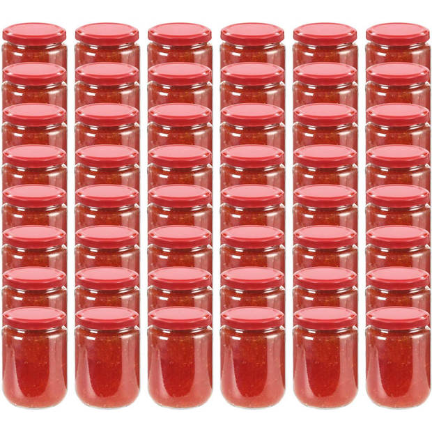 The Living Store Glazen jampotten - 230 ml - Rood deksel - Set van 48