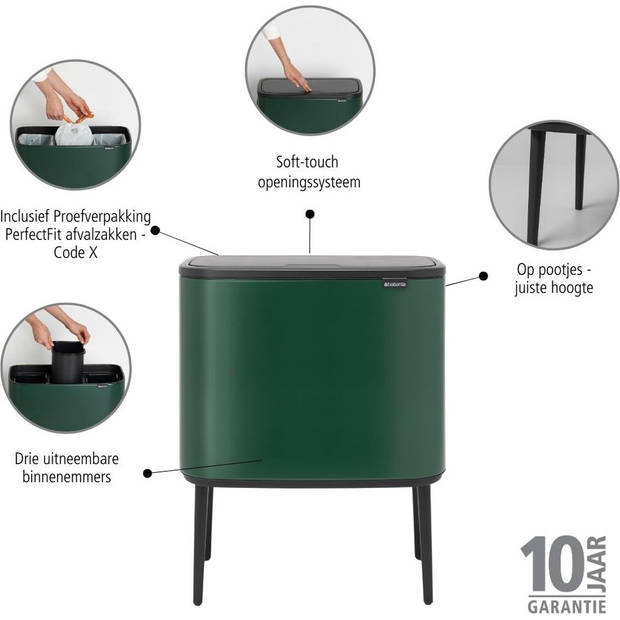 Brabantia Bo Touch Bin Afvalemmer - 3 x 11 liter - Pine Green