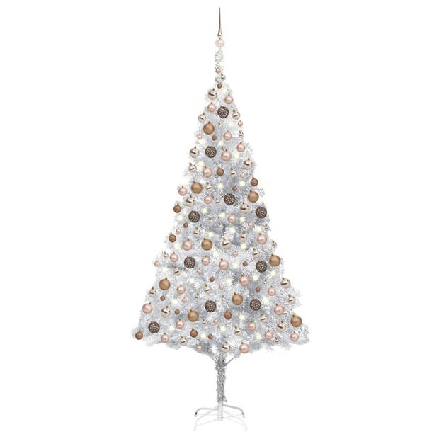 The Living Store Kunstkerstboom - Glanzend zilver - 210 cm hoog - Met LED-verlichting - Inclusief kerstballen en piek