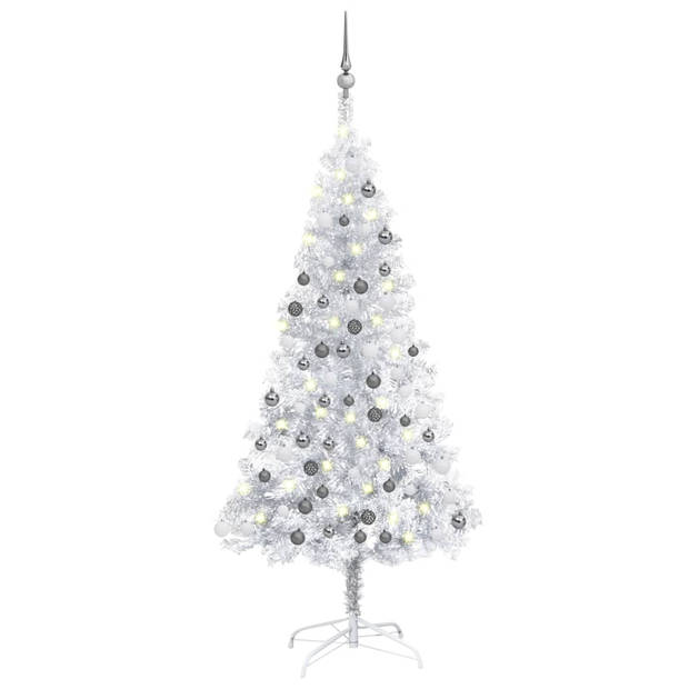 The Living Store Kunstkerstboom - Glanzend zilver - 150 cm - LED verlichting - Inclusief kerstballen en piek