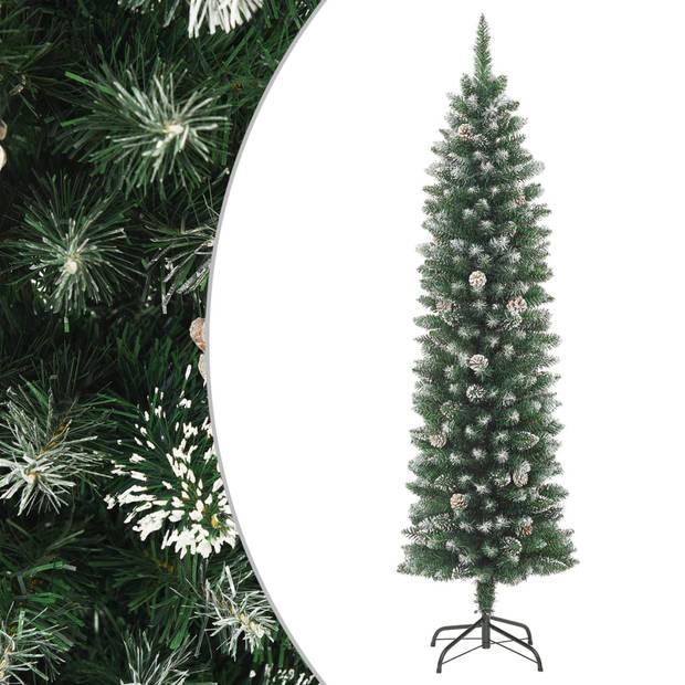 The Living Store Smalle Kerstboom - 120 cm - PVC en staal - met witte decoratiesneeuw - 6 dennenappels - 183 spitse