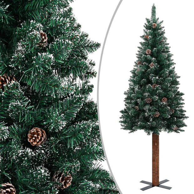 The Living Store Smalle kerstboom - met naaldtakken en dennenappels - PVC/grenenhout/staal - 150 cm - groen