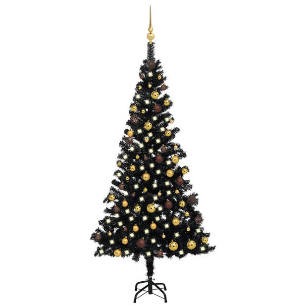 The Living Store Kunstkerstboom Zwart - 180 cm - Met LED-verlichting - Inclusief kerstballen en piek