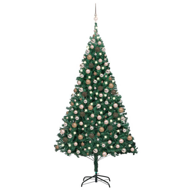 The Living Store Kerstboom Groen PVC - 210 cm - Met LED-verlichting en kerstballen