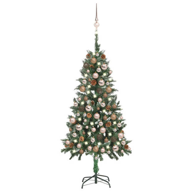 The Living Store Kunstkerstboom 150 cm - Levensecht - Groen en wit - Met LED-verlichting - Inclusief 18 dennenappels -